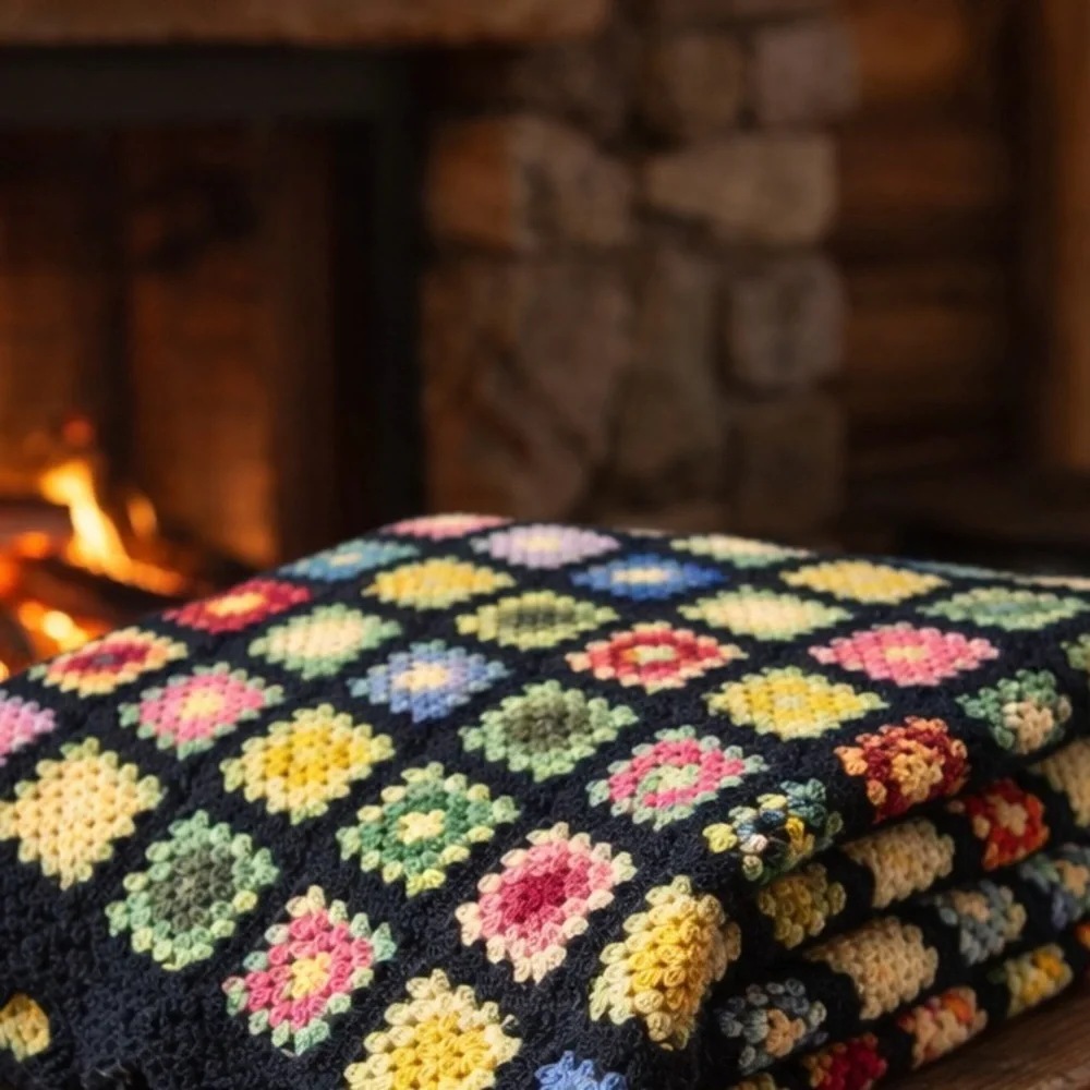 Vintage Crochet Granny Square Blanket 50”x70” Black Multicolor Afghan Boho Retro